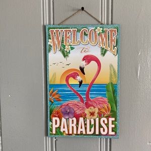 Brand NWT Stunning Glittered Welcome To Paradise Tropical 🦩 🌺 Home Decor Sign